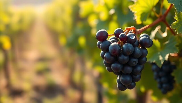 generality. A single cluster of Cabernet Sauvignon grapes glistening with dew in a vineyard under soft sunlight. gardening catalogs, home-decor guides, designed for home decor and floral branding.