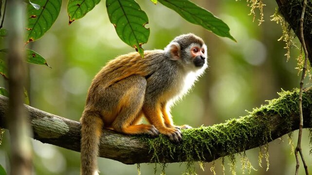 A curious primate, with striking facial markings and vibrant orange and brown fur, perches attentively on a moss-laden tree branch amidst a lush, verdant jungle. The rainforest canopy provides a soft,