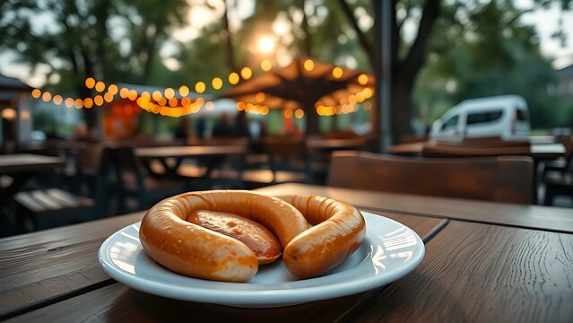 weisswurst. Beer garden table at dawn with weisswurst and pretzel on a white plate. bar promotions, beverage menus, designed for product packaging and bar promotions.