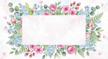 Floral frame with pink roses, blue hydrangeas, and eucalyptus leaves on a white background