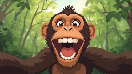Vector illustration of a monkey taking a selfie in forest, mischievous energy of the moment as if the monkey just discovered the camera © Pemuda