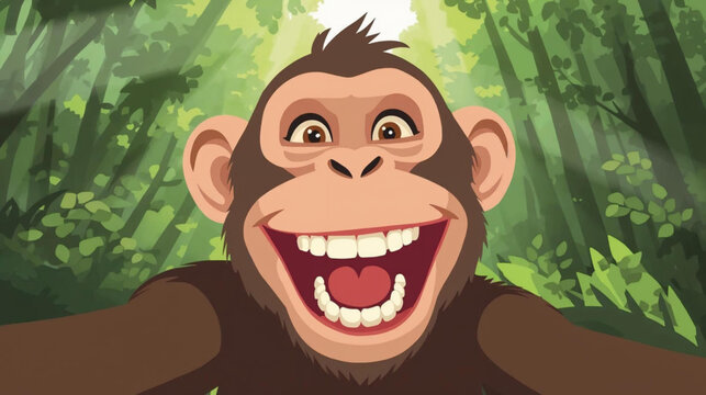 Vector illustration of a monkey taking a selfie in forest, mischievous energy of the moment as if the monkey just discovered the camera