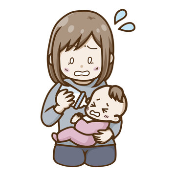 泣く赤ちゃんに哺乳瓶でミルクをあげて慌てる・困る母親のイラスト（育児ストレス・ミルク拒否）