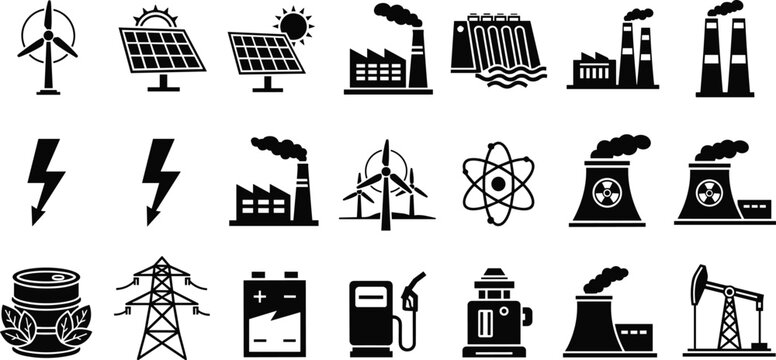 Energy industry icon set, renewable and nonrenewable power generation vector collection