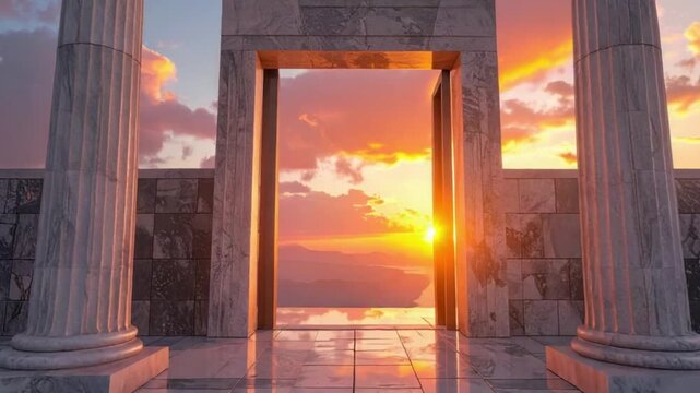 Marble columns and grand archway frame a breathtaking sunset over mountains