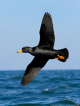 Adult male Black Scoter Melanitta americana in flight over Atlantic Ocean, Ocean County, New Jersey, USA.