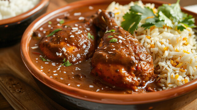Delicious chicken mole with rice served in rustic ceramic bowl close up overhead shot warm lighting