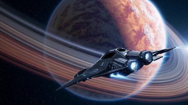 Spacecraft skimming ringed planet horizon with glowing engines and curved rings, scout silhouette banking past luminous atmosphere while thrusters flare and crew monitor instruments