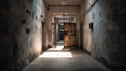 Fototapeta premium Long, dimly lit corridor in an old prison, with cell doors and barred exit