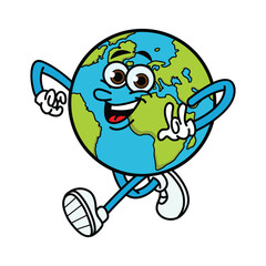 Obraz premium Cartoon Earth Walking with Joyful Expression Vector Illustration