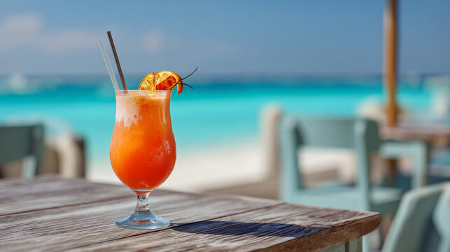 A tropical cocktail garnished with fruit sits on a beachside wooden table