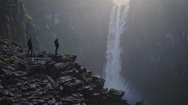 two hikers stand on rocky cliff overlooking waterfall and pine canyon at sunrise, mist drifting across jagged rocks, distant cascade framed by tall firs, adventurous mood and expansive viewpoint