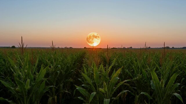 A bright full moon hangs low over a vast cornfield at dusk