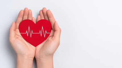 Red heart with heartbeat line held by two human hands on white background, symbolizing care, health, and love in gentle and minimal style