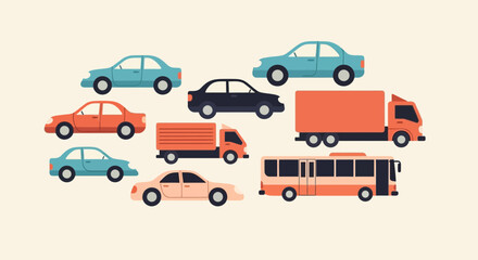 Fototapeta premium Stylized Cars, Trucks and Bus in Traffic Scene