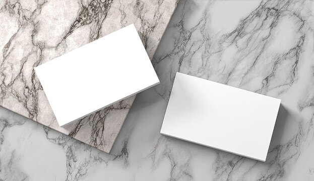 Two blank rectangular cards lie on a diagonal marble surface, offering a modern aesthetic
