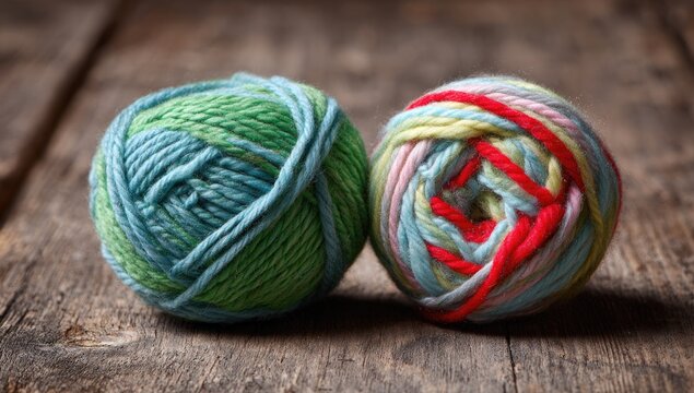 Close-up of two vibrant yarn balls, one green and the other with multiple colors, on wood