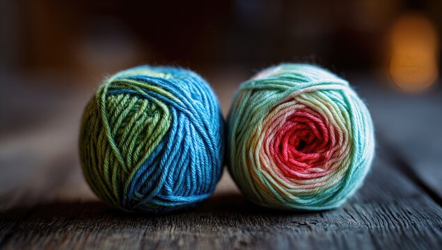 Two colorful yarn balls, one blue-green, the other pastel-toned, sit on a textured, wooden surface