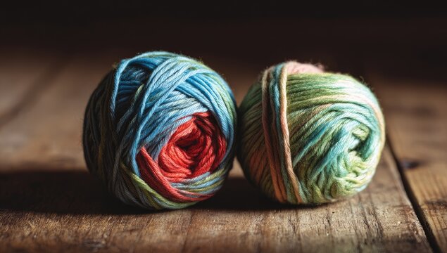 Close-up of two colorful yarn balls resting on a weathered wooden surface, natural light (1)
