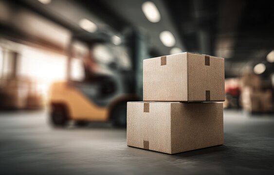 Two stacked cardboard boxes in front of a forklift, inside a warehouse, with blurred background