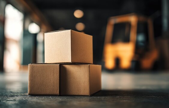 Three cardboard boxes stacked on a warehouse floor, with a blurred forklift in background