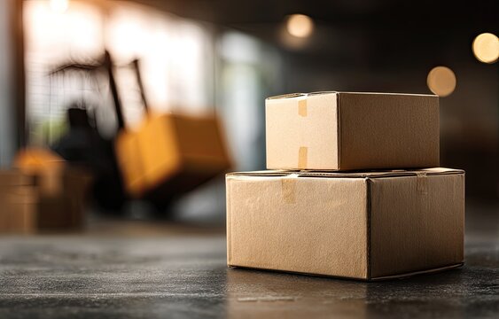 Stacked cardboard boxes in front of a blurred forklift, warehouse backdrop