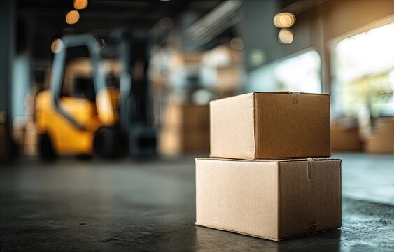 Cardboard boxes stacked on concrete floor inside a large warehouse; a forklift is blurred in the background