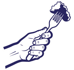 Obraz premium Hand holding a fork with food isolated on a white background minimal illustration