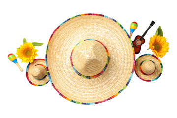 Fototapeta premium Celebrate Cinco de Mayo with sombreros and flowers, isolated, PNG