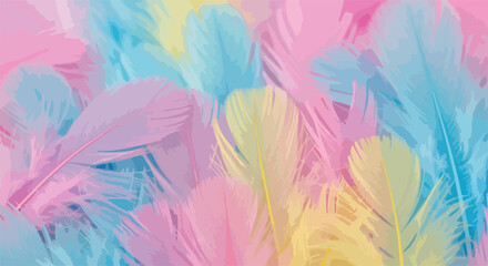 Obraz premium Delicate pastel feathers create a soft background texture, ideal for dreamy designs. Fluffy pastel feathers in gentle pink, blue, yellow, and purple hues overlap, forming a serene pattern.