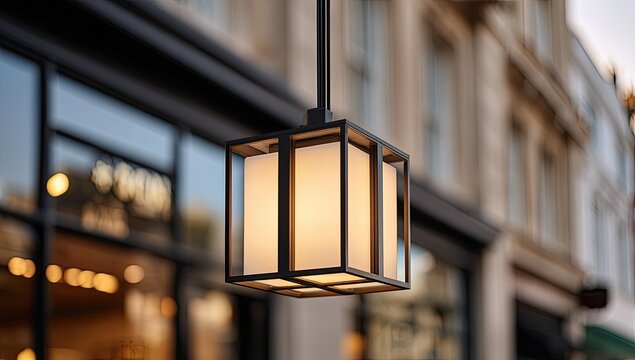 Modern black lantern pendant hangs outside a building with blurred background