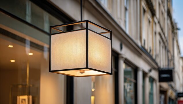 A geometric, box-shaped light fixture hangs outside a building