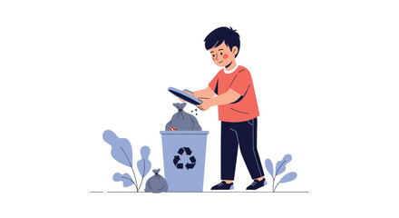 Fototapeta premium Responsible young boy wearing a red shirt practices recycling by placing a bag of trash into a blue bin with a white recycling symbol on it.