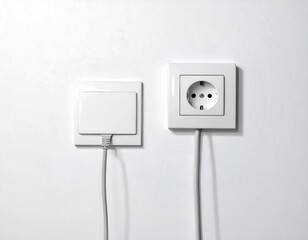 A stark white wall features two electrical outlets. One is plugged in with a cable dangling down, showcasing the functional elements