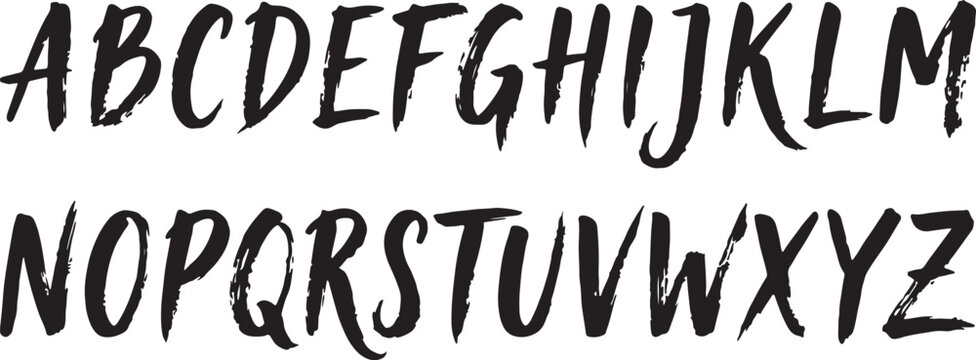 Bold brush drawn capital alphabet letters. Brush drawn font, uppercase typeface for punk or rock and roll design. Typographic distressed vector font with dry brush texture.