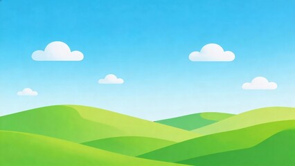 Cartoon style green rolling hills under a clear blue sky with fluffy white clouds ideal for backgrounds nature concepts eco friendly themes summer vibes and peaceful scenery