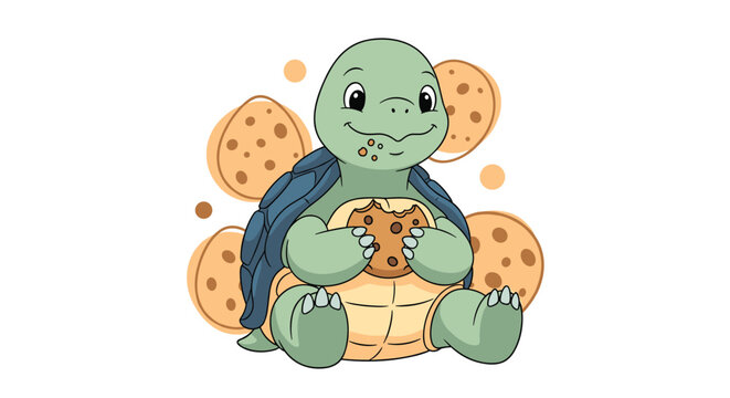 Cute baby turtle character sits on the ground and enjoys eating a chocolate chip cookie surrounded by more cookies on a soft decorative background.