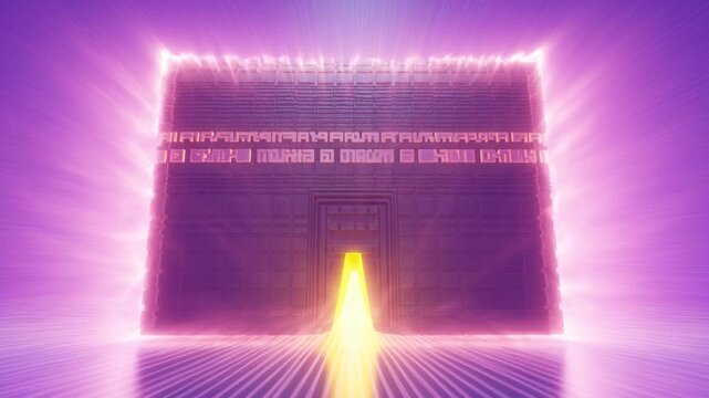 Futuristic Light-Emitting Cube with radiant glow  vibrant purple and pink hues  and dynamic energy beams in a digital art style