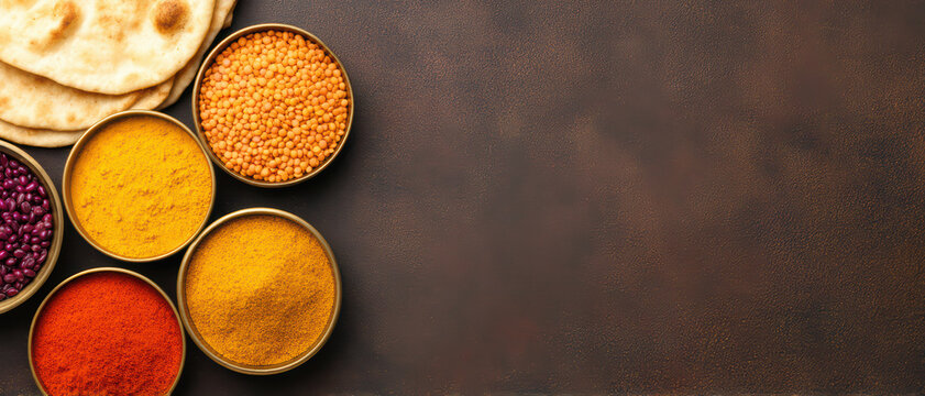 Traditional Indian spices and lentils in bowls with flatbread on rustic brown background, evoking warm and authentic culinary vibes