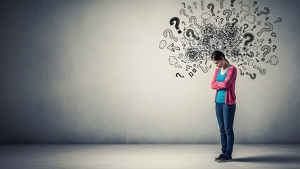 Depressed woman with confused thoughts and anxiety. Mental health and stress management. Sad girl standing alone with tangled doodles and question marks above her