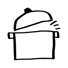Fototapeta premium cooking pot with open lid doodle, hand drawn kitchen stockpot icon for soup, boiling food, recipe, or restaurant concept