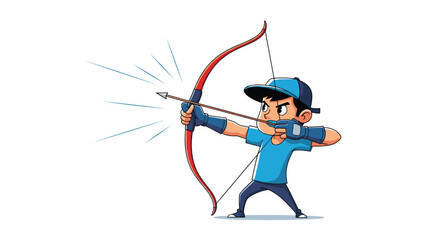Skillful young archer aiming a bow and arrow with focus and determination while wearing a blue shirt and a baseball cap.
