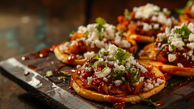 Deliciously prepared mexican sopes topped with savory shredded meat and fresh cheese artfully
