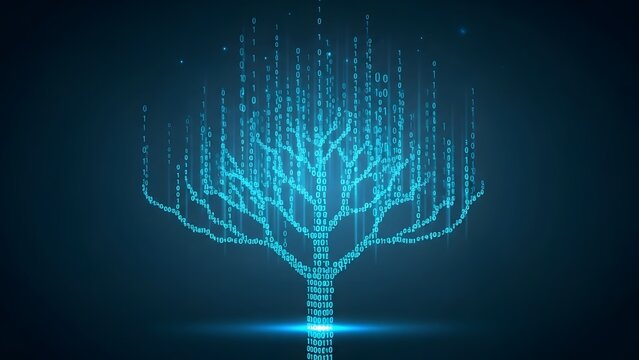 Digital binary tree made of glowing code on a dark background. Data growth and information technology. Abstract computer logic tree representing artificial intelligence systems