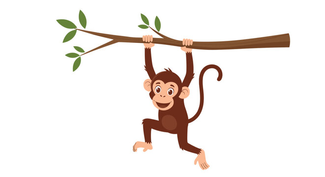 Playful brown monkey swings joyfully while hanging from a green leafy tree branch with a happy smiling face.