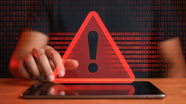 Hand pressing red warning button on laptop with digital code background cybersecurity alert
