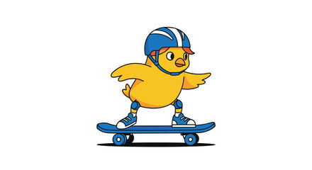 Fototapeta premium Cute yellow baby chick wears a blue helmet and knee pads while balancing on a blue skateboard for a fun sporting activity.