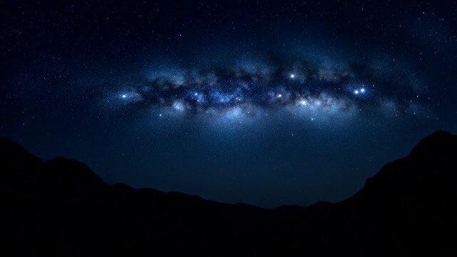 Starry Milky Way stretches across a dark night sky above silhouetted mountain ridges.