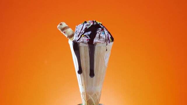 Ice cream in a waffle cone slowly rotates around its axis against a bright background