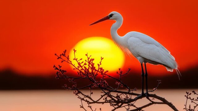 Majestic white egret perched on a branch against a giant red sunset over a lake